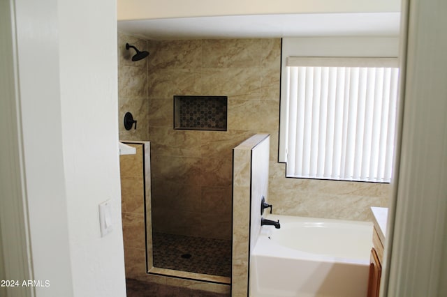 bathroom with a wealth of natural light, vanity, and shower with separate bathtub