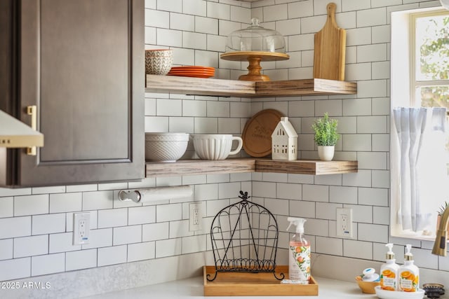 room details featuring open shelves and backsplash