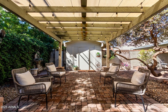 view of patio / terrace featuring a storage shed, a fenced backyard, a pergola, and an outdoor structure