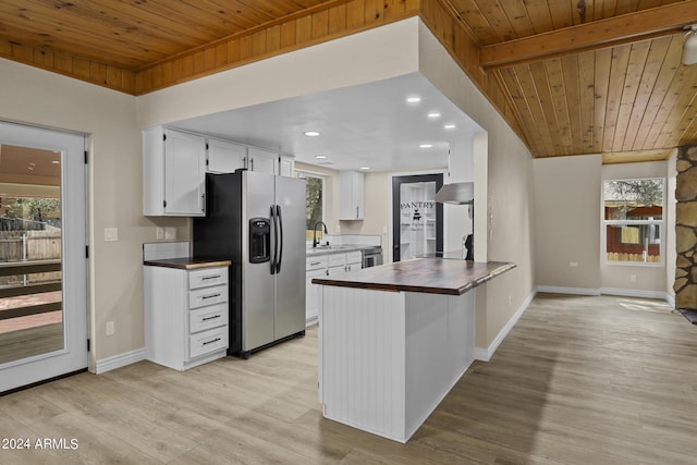 kitchen featuring kitchen peninsula, wood ceiling, stainless steel fridge with ice dispenser, white cabinetry, and range hood