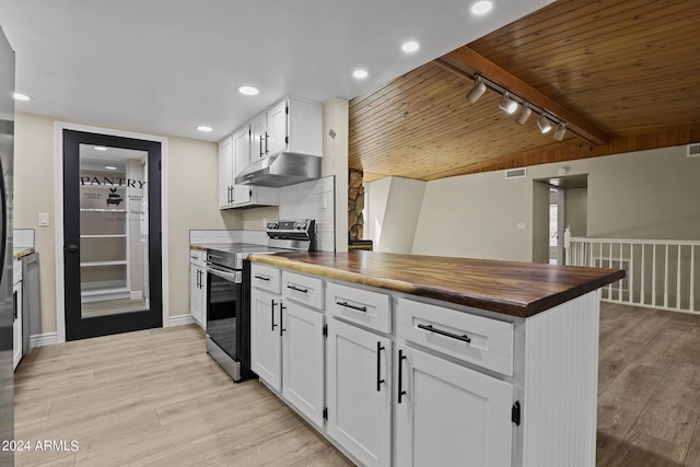 kitchen featuring wooden counters, white cabinets, electric range, wooden ceiling, and beamed ceiling