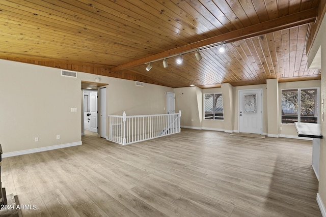 unfurnished living room with vaulted ceiling, wood ceiling, track lighting, and light hardwood / wood-style floors