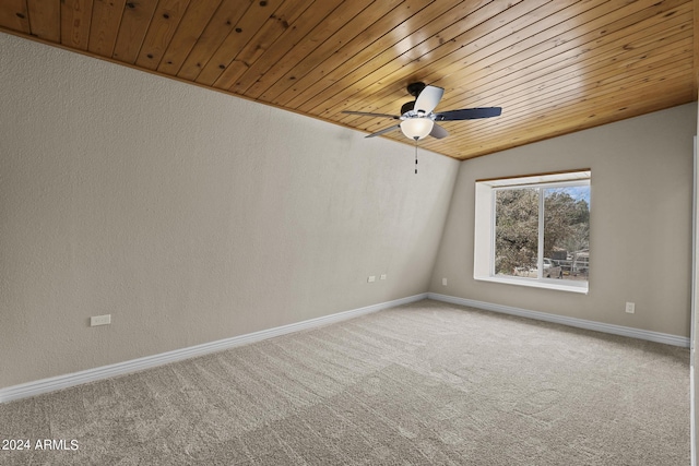 unfurnished room featuring carpet flooring, lofted ceiling, ceiling fan, and wooden ceiling