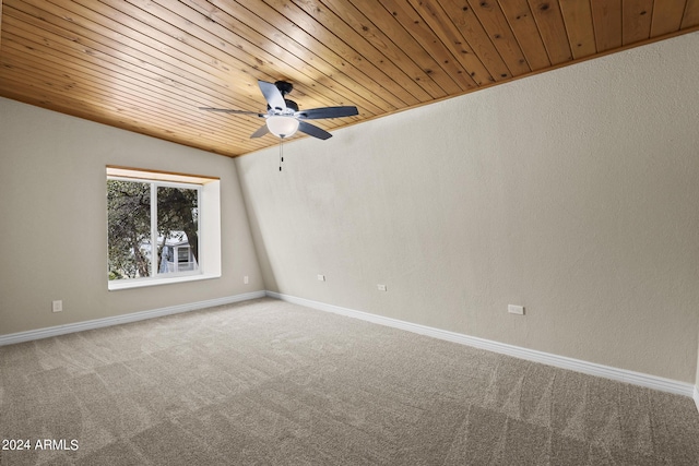 empty room with carpet, ceiling fan, wood ceiling, and lofted ceiling