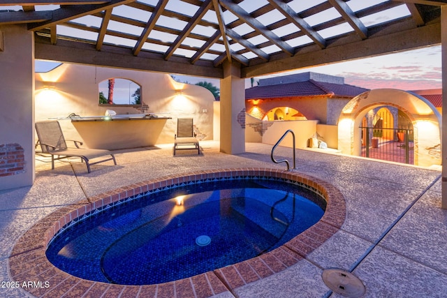 8043 E Laurel St, Mesa, AZ 85207 - view of pool featuring an in-ground hot tub, a patio, exterior kitchen, a swimming pool, and a pergola