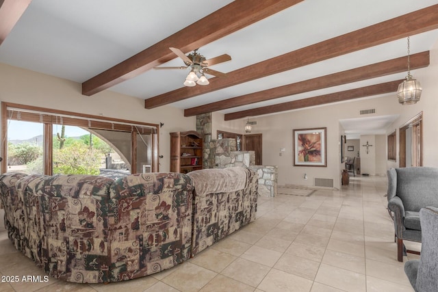 8043 E Laurel St, Mesa, AZ 85207 - living room featuring beam ceiling, light tile patterned flooring, and ceiling fan