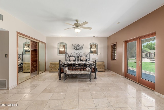 8043 E Laurel St, Mesa, AZ 85207 - bedroom with access to outside, french doors, light tile patterned floors, a closet, and ceiling fan