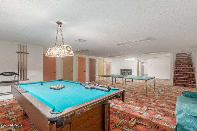 8043 E Laurel St, Mesa, AZ 85207 - rec room featuring a textured ceiling, a fireplace, and pool table