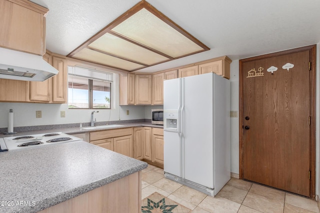 8043 E Laurel St, Mesa, AZ 85207 - kitchen featuring white appliances, light brown cabinets, light tile patterned floors, and under cabinet range hood