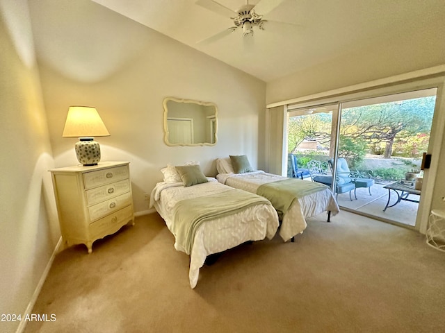 carpeted bedroom with access to outside, ceiling fan, and lofted ceiling