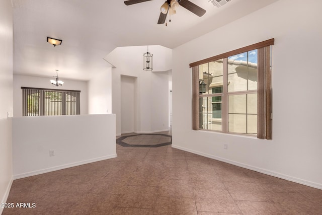 14552 S 182nd Dr, Goodyear, AZ 85338 - spare room with baseboards, visible vents, and ceiling fan with notable chandelier