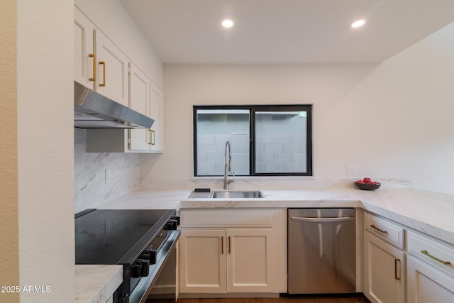 kitchen with a sink, light stone countertops, under cabinet range hood, black range with electric cooktop, and stainless steel dishwasher