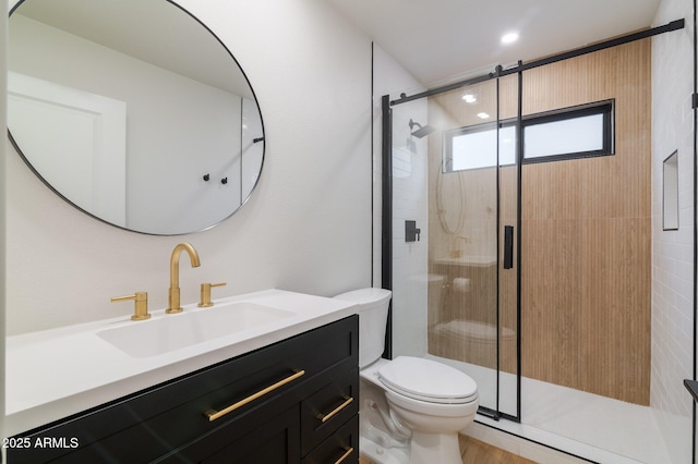 full bathroom featuring toilet, a shower stall, and vanity