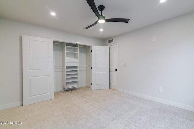 unfurnished bedroom with light carpet, baseboards, visible vents, and recessed lighting