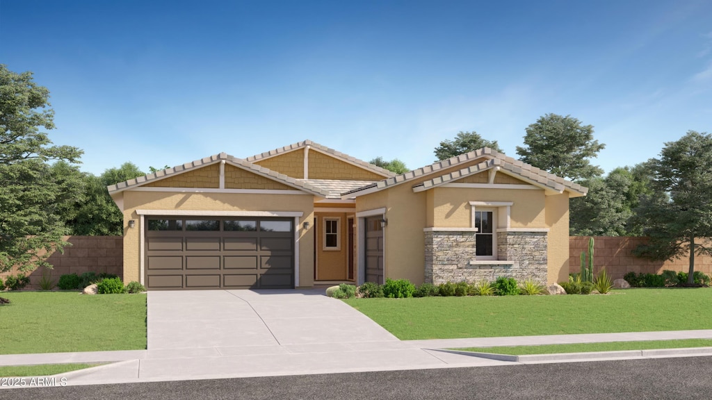 craftsman inspired home featuring a garage, driveway, fence, and stucco siding