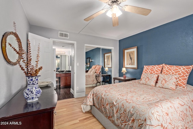 bedroom featuring light wood-type flooring, a closet, and ceiling fan