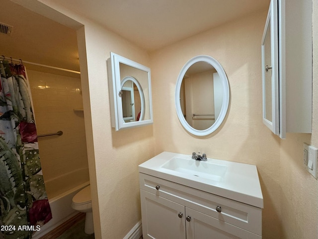 full bathroom featuring vanity, toilet, and shower / bathtub combination with curtain