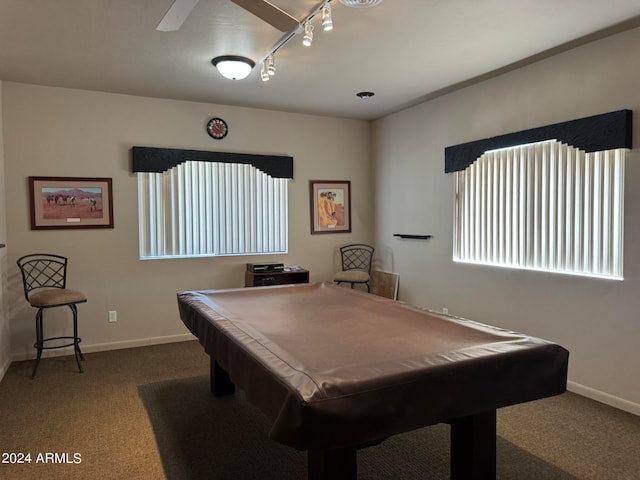 recreation room featuring dark carpet, pool table, and rail lighting