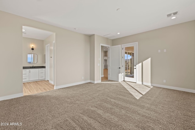 empty room featuring light carpet and sink