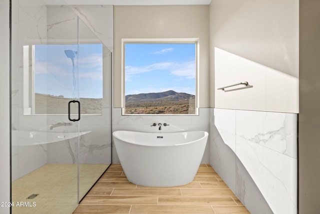 bathroom with separate shower and tub and a mountain view