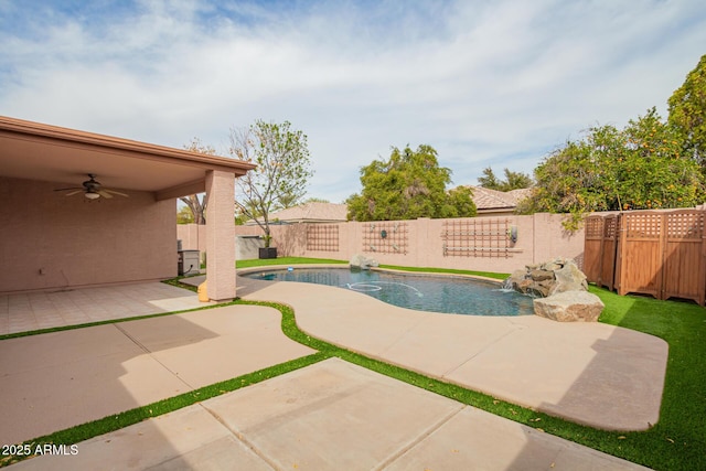 view of pool featuring a ceiling fan, a fenced in pool, a fenced backyard, and a patio