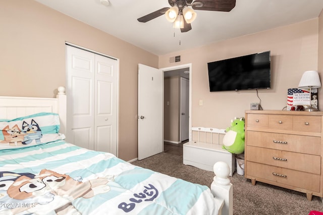 1263 W Del Rio St, Chandler, AZ 85224 - bedroom with carpet flooring, a closet, and a ceiling fan