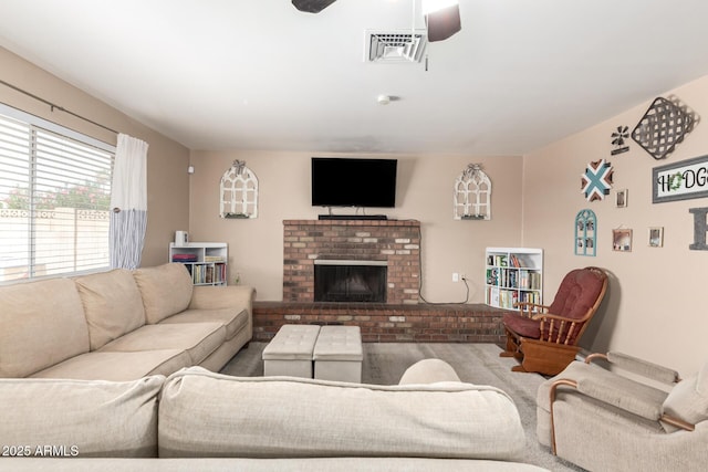 1263 W Del Rio St, Chandler, AZ 85224 - living room with a ceiling fan and a brick fireplace