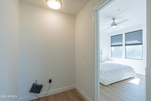 clothes washing area featuring light hardwood / wood-style floors and ceiling fan