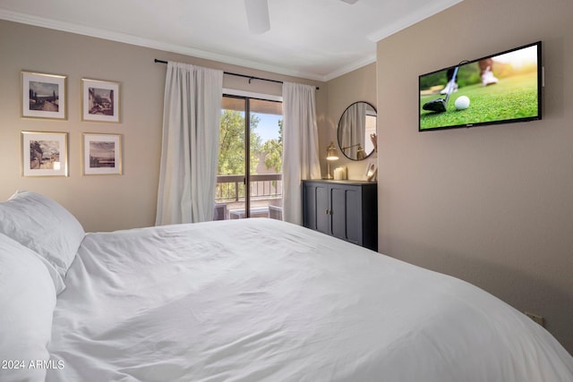 bedroom featuring access to exterior, ceiling fan, and crown molding