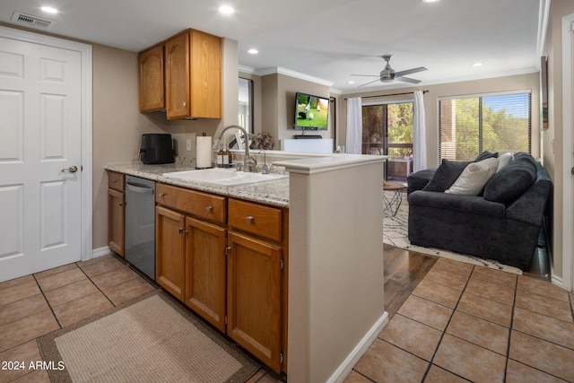 kitchen featuring sink, light tile patterned flooring, dishwasher, and kitchen peninsula