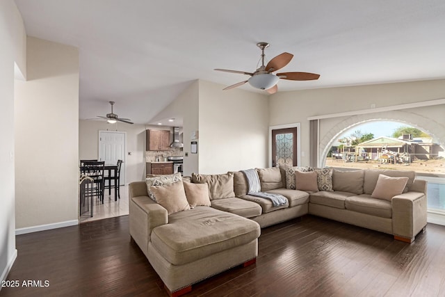 332 S 83rd Pl, Mesa, AZ 85208 - living area featuring ceiling fan, vaulted ceiling, and dark wood-style flooring