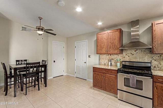332 S 83rd Pl, Mesa, AZ 85208 - kitchen with stainless steel range, wall chimney exhaust hood, decorative backsplash, light tile patterned flooring, and recessed lighting