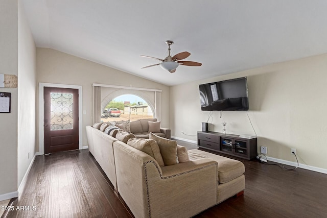 332 S 83rd Pl, Mesa, AZ 85208 - living room with a ceiling fan, dark wood-type flooring, and vaulted ceiling