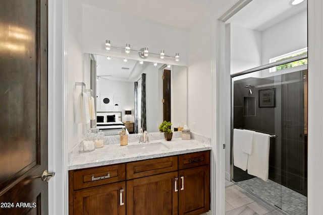 bathroom featuring vanity and a shower with shower door