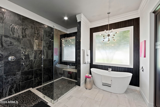 bathroom with plus walk in shower and crown molding