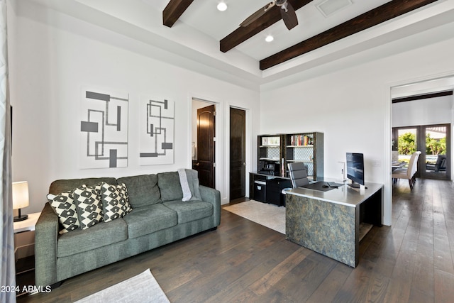 living room with dark wood-type flooring, beamed ceiling, french doors, and ceiling fan