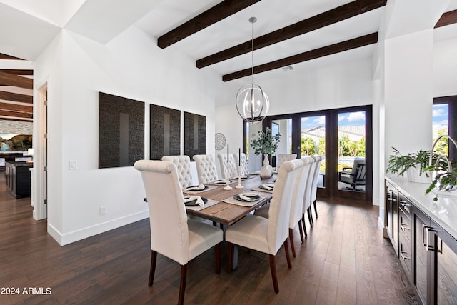 dining space with a notable chandelier, dark hardwood / wood-style floors, beam ceiling, and a healthy amount of sunlight