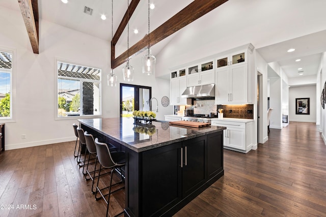 kitchen with dark stone countertops, pendant lighting, an island with sink, and dark hardwood / wood-style flooring