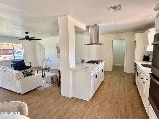 1421 W Pasadena Ave, Phoenix, AZ 85013 - kitchen featuring island range hood, appliances with stainless steel finishes, light countertops, and white cabinetry