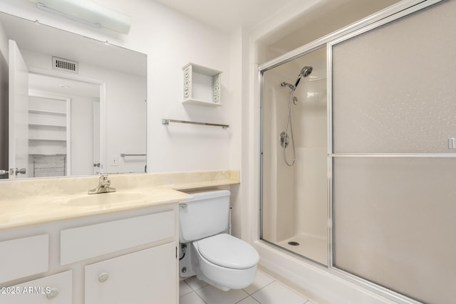 bathroom featuring visible vents, toilet, a shower stall, vanity, and tile patterned flooring