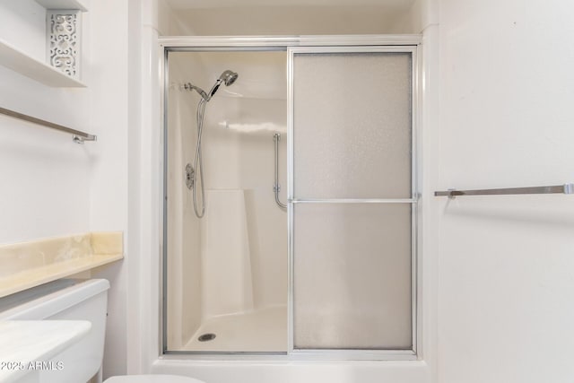 bathroom with a stall shower and toilet