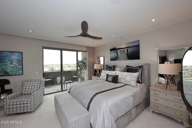 bedroom featuring access to exterior, recessed lighting, light colored carpet, and a ceiling fan