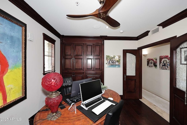 office featuring crown molding, dark wood-style floors, visible vents, and ceiling fan