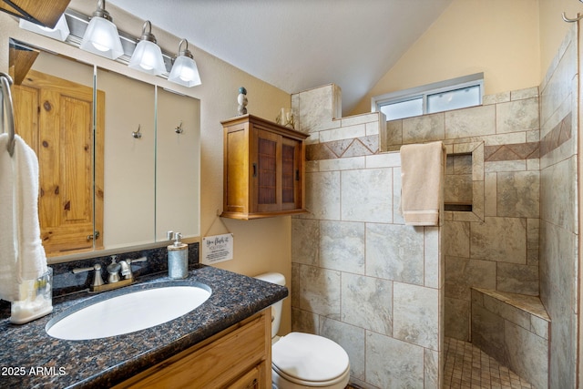 full bathroom featuring toilet, vaulted ceiling, a walk in shower, and vanity