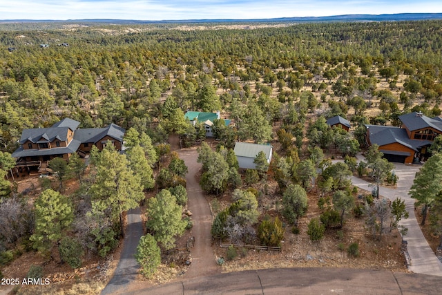 birds eye view of property featuring a forest view