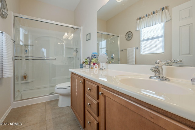 bathroom with tile patterned flooring, vanity, toilet, and a shower with door