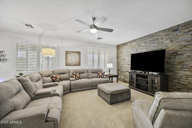 43650 W Snow Dr, Maricopa, AZ 85138 - carpeted living room featuring visible vents and ceiling fan