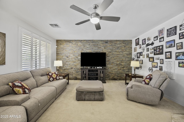 43650 W Snow Dr, Maricopa, AZ 85138 - living room featuring carpet floors, visible vents, and ceiling fan