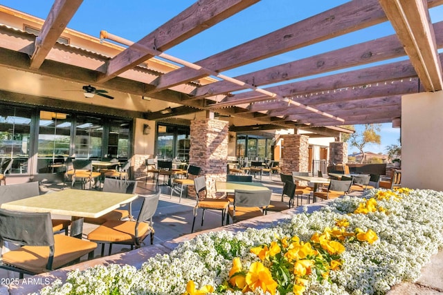 view of patio with ceiling fan and a pergola