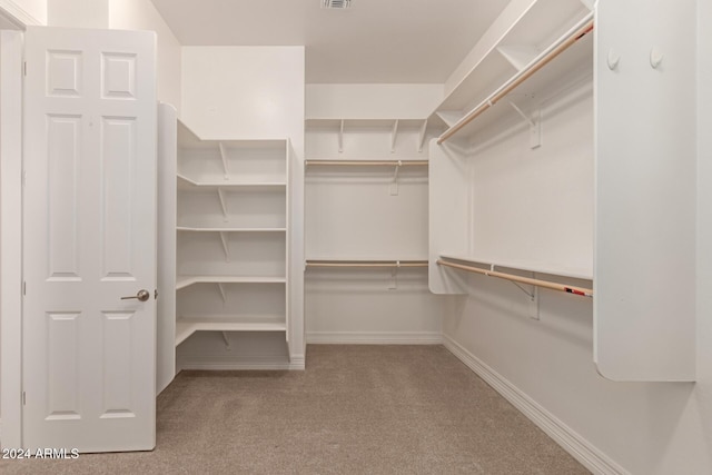 walk in closet with light carpet